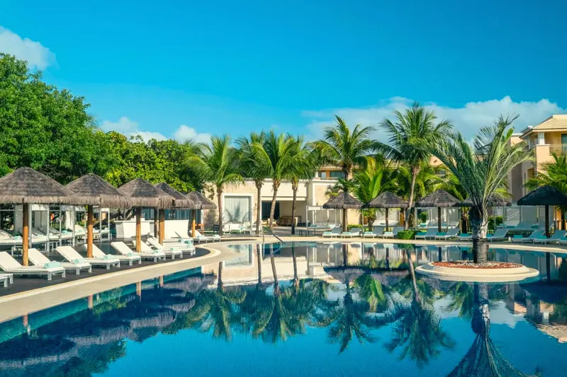 Piscina com palmeira em uma ilha central e espreguiçadeiras brancas