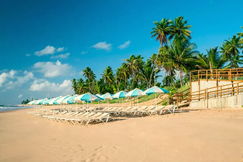 Faixa de areia com guarda-sóis e espreguiçadeiras na praia em frente ao resort